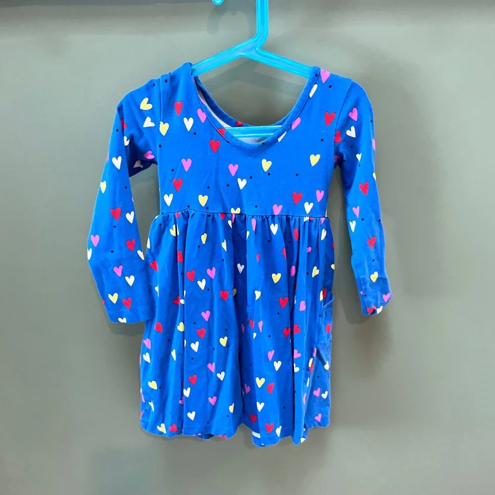 Hanna Andersson Blue Hearts Dress‎ Size 4 Long Sleeve Pockets